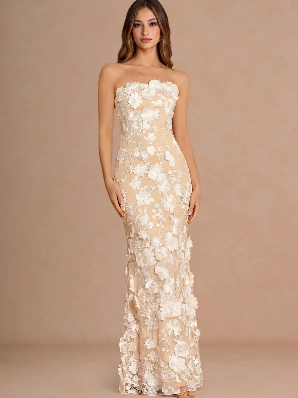 Azazie Nude Strapless Gown with White 3D Floral Appliqués